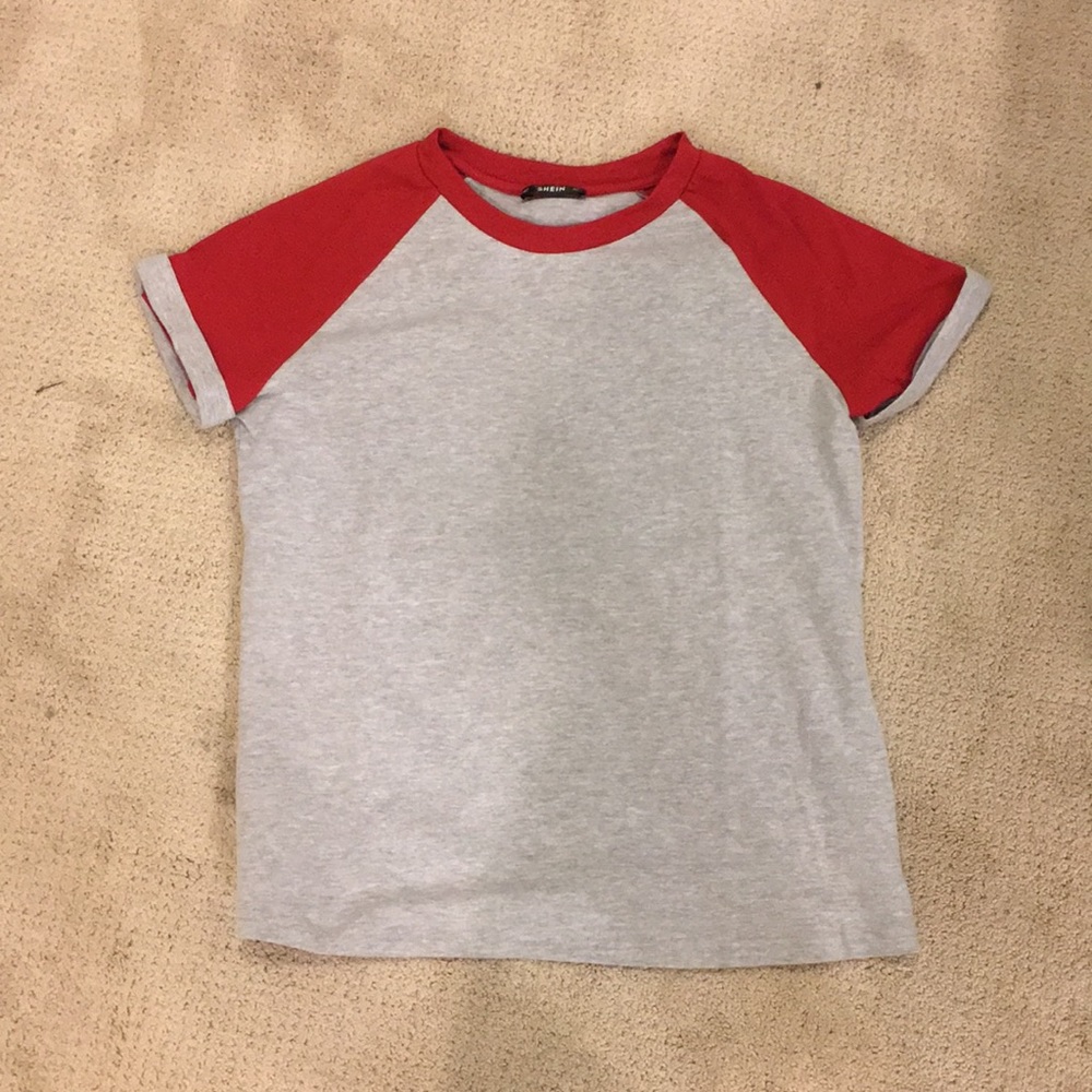 red and grey baseball tee